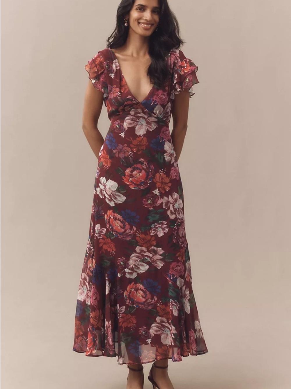 BHLDN Burgundy Floral V-Neck Maxi Dress